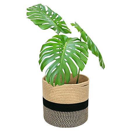 Magicfly Jute Rope Plant Basket, 12 X 12 Inch Cotton Rope Woven Basket for 11 Inch Flower Pot, Floor Indoor Planters, Modern Storage Organizer with Handles for Home Décor, Black and Beige