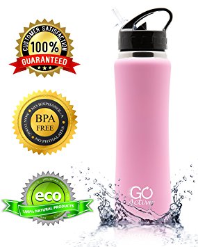 Stainless Steel Insulated Water Bottle with flip straw. H2O Sports drinking bottle is BPA Free, Eco Friendly, Good for Kids, and keeps ice over 24 hour