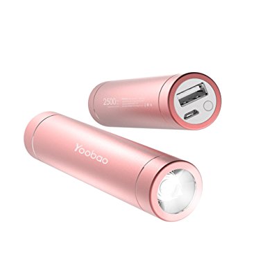 Yoobao L25 2500 mAh Lipstick Size Portable Charger Flashlight Power Bank Ultra Slim External Battery Preminum Aluminum Mini Battery Pack for iPhone Samsung Android and More-Rose Gold