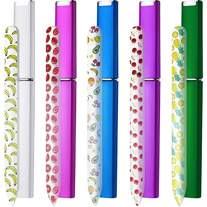 5 Pieces Valentine's Day Glass Nail File Buffers with Cases, Colorful Printed Finger Nail Files Crystal Glass Nail Buffers Double Sided Manicure Tools for Women Men (Fruits Pattern)