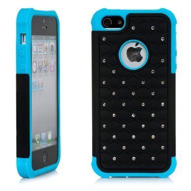 iPhone 5S Case, iPhone 5 Case,iSee Case (TM) Luxurious Hybrid Dual Layer Lattice Total Defense Bling Rhinestone Diamond Full Cover Case for AT&T Verizon Sprint iPhone 5 iPhone 5S (5-Star Black on Blue)