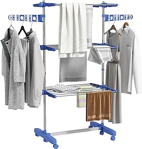 HOMCOM 3-Tier Clothes Drying Rack, Stainless Steel Laundry Rack with 2 Side Wings and 6 Castors, Collapsible Adjustable Clothes Airer for Indoor Outdoor, Blue