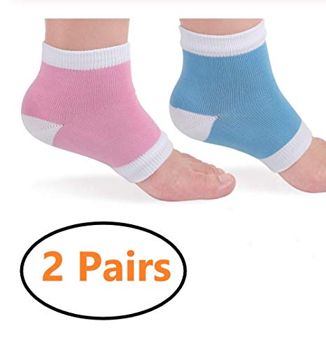 HAITAO 2 Pair Smooth Silicone Moisturizing Gel Heel Socks Anti Dry Cracked Chapped Foot Skin Care Exfoliating Foot Protector Tools (Cotton, Blue and Pink)