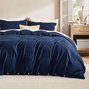 Bedsure Duvet Cover Queen Size, Rayon Derived from Bamboo Linen Blend Duvet Cover Set, Navy Cooling Duvet Cover, 3 Pieces, 1 Duvet Cover 90x90 Inches and 2 Pillowcases, Comforter Sold Separately