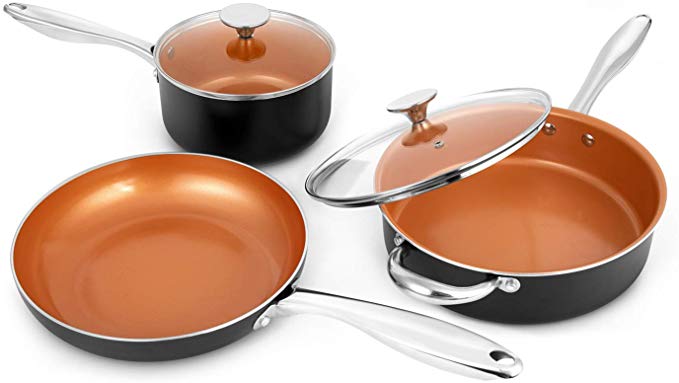 MICHELANGELO Copper Cookware Set 5 Piece, Ultra Nonstick Pots and Pans Copper with Ceramic Interior, Copper Nonstick Cookware Set, Ceramic Pot and Pans Set, Copper Pots and Pans, Copper Pots Set -5Pcs