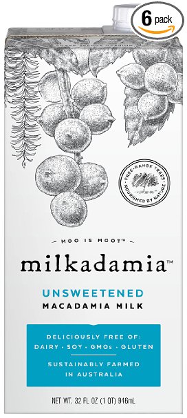 Milkadamia Unsweetened, Macadamia Milk, 32 Ounce (Pack of 6)