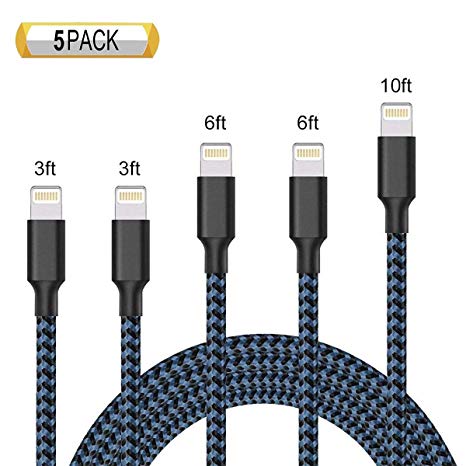 Phone Charger Cable 5Pack [ 3FT 3FT 6FT 6FT 10FT ] Extra Long Nylon Braided USB Charging & Syncing Cable Compatible with iPhone Charger X iPhone 8 8 Plus 7 7 Plus 6s 6s Plus (001)
