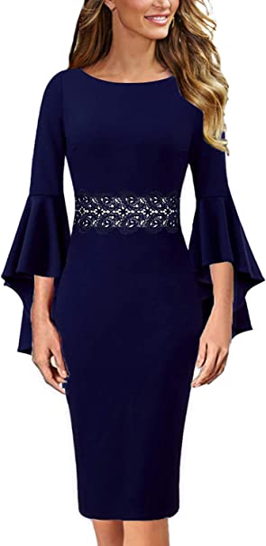 VFSHOW Womens Elegant Bell Sleeve Cocktail Party Bodycon Pencil Sheath Dress