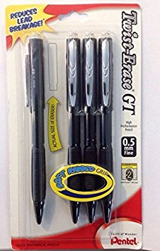 Pentel Twist-Erase GT (0.5mm) Mechanical Pencil, Barrel Color: Black, Pack of 4 (QE205BP4A)