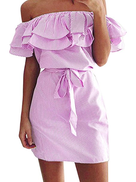 Shele Women's Casual Off Shoulder Striped Ruffles Strapless Short Dresses Mini Dresses