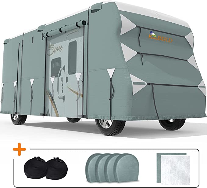 KING BIRD Upgraded Class C RV Cover, Extra-Thick 5 Layers Anti-UV Top Panel, Durable Camper Cover, Fits 29'- 32' Motorhome -Breathable, Watertight, Rip-Stop with 2Pcs Extra Straps & 4 Tire Covers