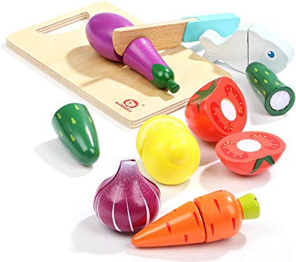 TOP BRIGHT Wooden Pretend Play Kitchen Set, Wood Vegetable Cutters Cutting Fruit Board Games