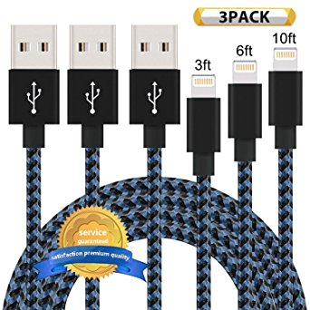Aonsen Lightning Cable 3Pack 3FT 6FT 10FT Nylon Braided Certified iPhone Cable USB Cord Charging Charger for Apple iPhone 7, 7 Plus, 6, 6s, 6 , 5, 5c, 5s, SE, iPad, iPod Nano, iPod Touch (BlackBlue)