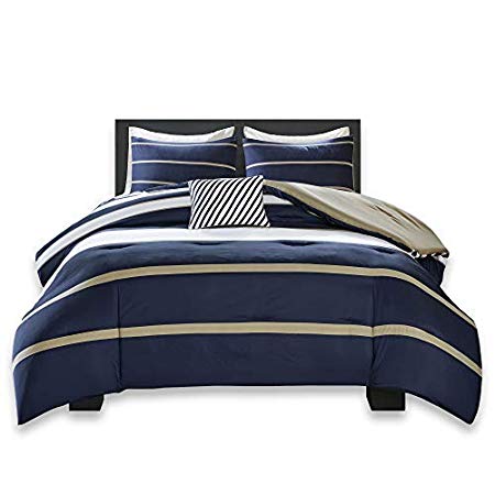 Comfort Spaces - Verone Comforter Set - 3 Piece - White, Navy, Khaki - Stripes - Perfect for College Dormitory, Guest Room - Twin/Twin XL Size, Includes 1 Comforter, 1 Sham, 1 Decorative Pillow