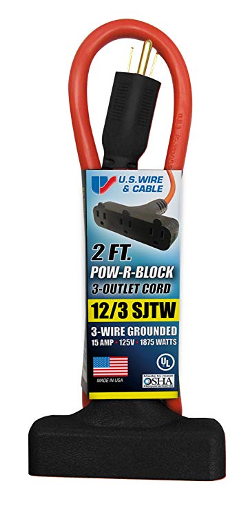 US Wire 64002 12/3 2-Foot SJTW Orange Heavy Duty Extension Cord with Pow-R-Block