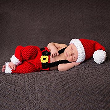AiXiAng Baby Newborn Photography Props Baby Handmade Crochet Knitted Santa Claus Outfit Costume Christmas Cap Hat and Suspender Trousers Set Baby Photo Props Christmas