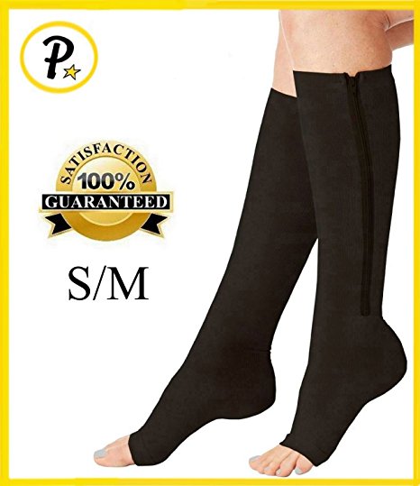 NEW Open Toe Knee Length Zipper Up Compression Hosiery Calf Leg Support Stocking (S/M, Black)