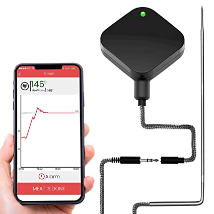 NutriChef Smart Bluetooth BBQ Thermometer - Upgraded Stainless Probe Safe to Leave in Grill Outdoor Barbecue Meat Smoker w/ Changeable Probe, Wireless Remote Alert Android iPhone WiFi App - PWIRBBQ420