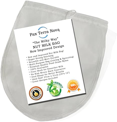 BEST NUT MILK BAG - New Fine Mesh Strainer Design Easier to Use - Super Strong - Premium Quality - Fine Mesh Strainer Gives Amazing Smoother Milk - Oval Shape Gives Better Yield - Premium Food Grade Nylon! Will Outlast any Cheesecloth.(Free Recipe Included)