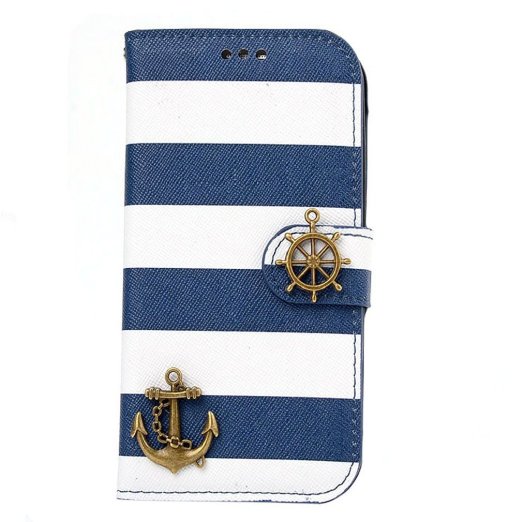 Towallmark(TM)Navy Stripes Anchor Rudder Wallet Flip Case Cover For iPhone 5 / iPhone 5S