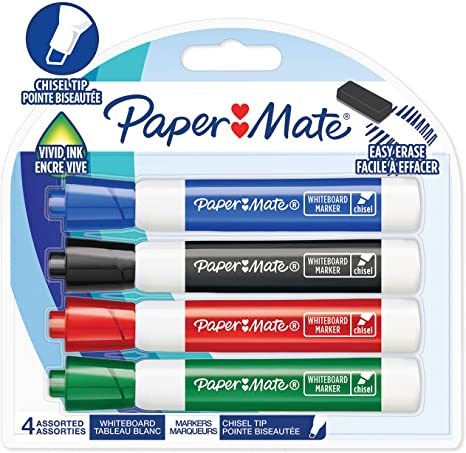 Paper Mate Low Odour Whiteboard Markers, Chisel Tip, Assorted Ink Colours, 4 Count
