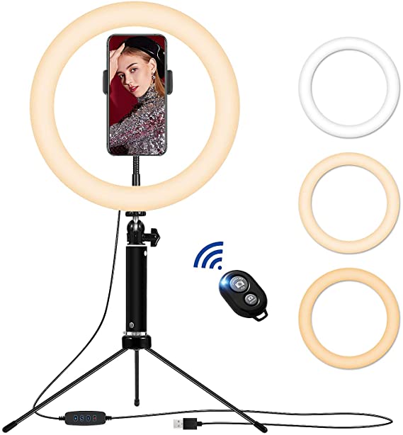 Desktop LED Ring Light 10’’ with Adjustable Tripod Stand and Phone Holder, TBJSM Dimmable Selfie Ring Light for Makeup, TikTok, Live Streaming and YouTube Video Shooting