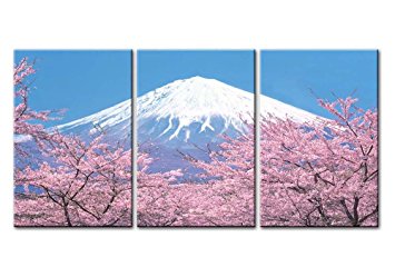 Canvas Print Wall Art Painting For Home Decor Peak Of Mount Fuji With Cherry Blossom Sakura In Blue Sky View From Lake Kawaguchiko Japan In Spring 3 Pieces Panel Paintings Modern Giclee Stretched And Framed Artwork The Picture For Living Room Decoration Landscape Pictures Photo Prints On Canvas