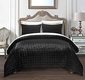 Chic Home Chyna 3 Piece Comforter Set Luxurious Hand Stitched Velvet Bedding-Decorative Pillow Shams Included, King, Black