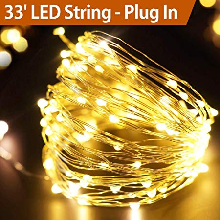 EShing LED Fairy Lights, Plug in Starry Lights, 33ft 100 LED Silvery Copper Wire String Lights, Waterproof Decorative Lights for DIY, Bedroom, Garden, Party, Wedding (Silver Wire - Warm White)