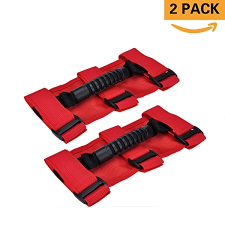 Grab Handles for Jeep Wrangler Roll Bars (2 Pack), Easy-to-Fit 3 Straps Design for 1987-2018 Models, Wrangler Accessories (RED)