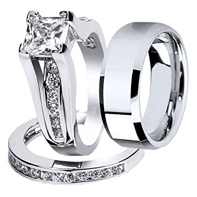 Mabella Wedding Ring Sets Couples Rings Women's Sterling Silver Princess CZ Men’s Stainless Steel Bands