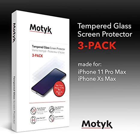 MOTYK 3 Pack Tempered Glass Screen Protector for iPhone 11 Pro Max, iPhone Xs Max Case Friendly, Ultra-Thin, Scratch Resistant, 9H Hardness (Bonus Installation Kit)