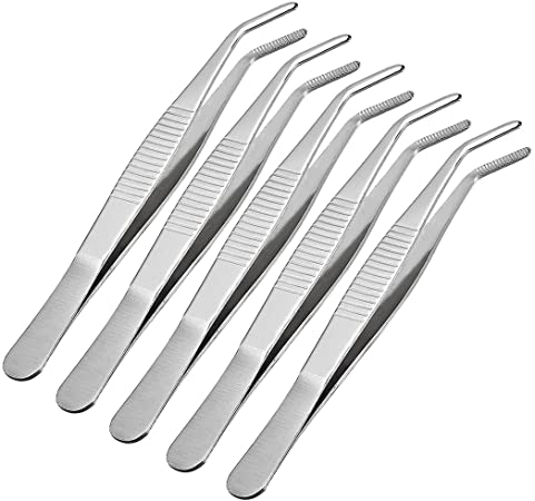 uxcell 5 Pcs 5-Inch Stainless Steel Tweezers with Curved Serrated Tip