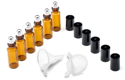 Easytle Amber Glass Roll on Refillable Bottles for Fragrance Essential Oil Blends, Facial Serum, Eye Serum, Lip Balms and Aromatherapy, Perfume Bottle, 5ml/6 Pack, with 2 Pack Mini Plastic Funnels