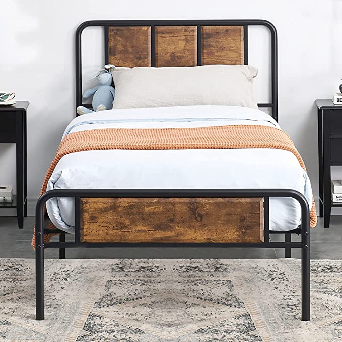 VECELO Twin Size Bed Frame Metal Platform with Wooden Headboard Footboard Set, No Box Spring Needed, Strong Steel Slat Support, Easy Assembly / Under Bed Storage/ Brown