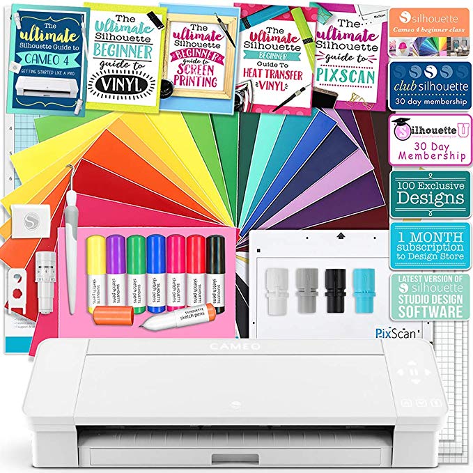 Silhouette White Cameo 4 Starter Educational Bundle with Oracal Vinyl, Transfer Sheets, Class, Full Color Guides, Pixscan Mat, and More