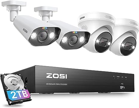 ZOSI 4K PoE Home Security Camera System with Person Vehicle Detection,4X 8MP Outdoor Indoor PoE IP Cameras,Night Vision,Floodlight Siren,2 Way Audio,8 Port 4K 16CH NVR with 2TB HDD for 24/7 Recording