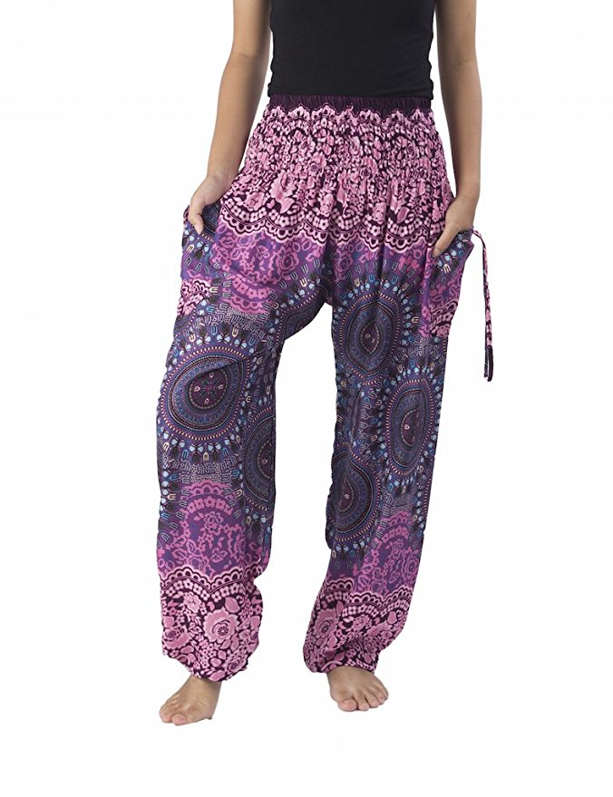 Lannaclothesdesign Women's Smocked Rose Design Loose Fit Yoga Harem Style Pants