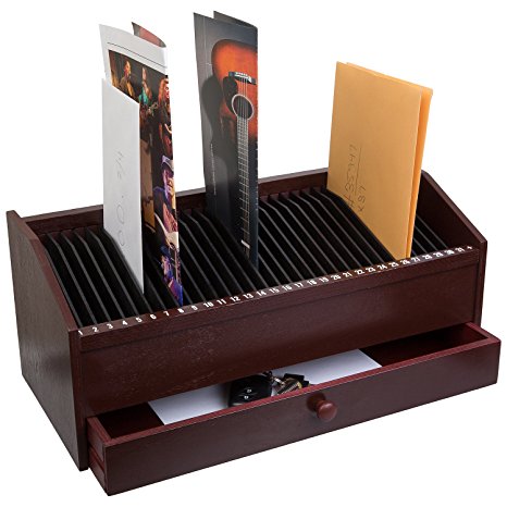 17" - 31 Slot Wooden Bill/Letter Organizer With Drawer - Mahogany Dark Brown BY JUMBL™