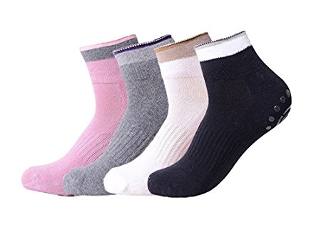 Skid Yoga Socks, Ecocity Yoga Pilates Socks with Grips Cotton - 4 Pairs