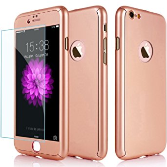 iPhone 6S Case, AOKER Ultra-thin Full Body Coverage Hard Plastic Matte [Tempered Glass Screen Protector] 360 All Round Shockproof Hybrid Cover Skin for Apple iPhone 6/6S 4.7 Inch (RoseGold)