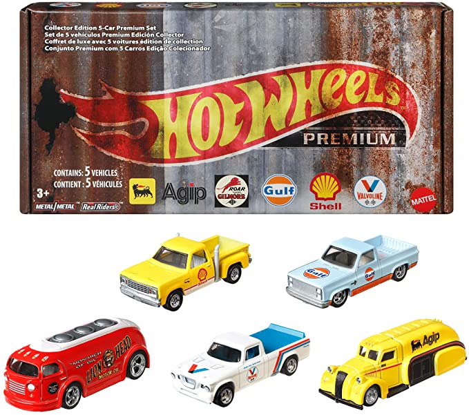 Hot Wheels 2020 Pop Culture: Vintage Oil 5 Premium All-Metal Castings Real Riders Wheels in Original Packaging in One Exclusive Bundle Box for Collectors and Enthusiasts