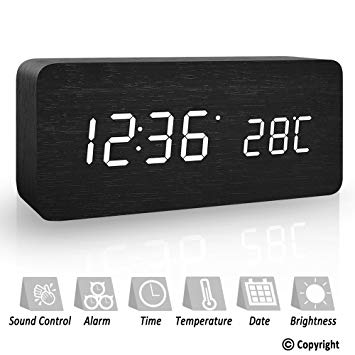 KOEPUO Wood Bedside Digital Alarm Clock, Non Ticking Large Temperature & Time Display Design LED Silent Clock Snooze Morning Clock Sound Control Adjustable Brightness Dual Powered for Office Home