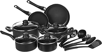 Amazon Basics Aluminium Non-Stick 15 Piece Cookware Set | 2-Way 3 Layer Non-Stick Coating | Induction Friendly Design | PFOA Free | High Temperature Resistant Exterior Coating, Black