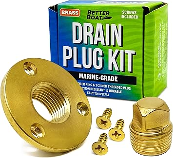 Brass Boat Drain Plug Kit Boat Plug Kit 1/2" for Transom Threaded Boat Plug Marine Grade Garboard Drain Plug Kit 1/2 Inch Thru Hull