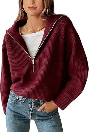 BTFBM Women’s Casual Long Sleeve Half Zip Pullover Sweaters Solid V Neck Collar Ribbed Knitted Loose Slouchy Jumper Tops