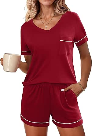 Ekouaer Pajamas Set for Women 2 Piece Sleepwear Short Sleeve Top and Shorts Soft V Neck Pjs Lounge Set with Pockets S-XXL