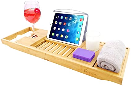 PURENJOY Bamboo Bathtub Tray Caddy with Wine, Book and Soap Holder, Idea Bathroom Shower Organizer Gift for Loved Ones (Original, 27.5-41.2″ x 8.6″)