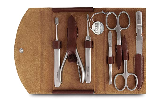 Nippes Solingen Manicure Set, 7-Piece, Stainless Steel, Nickel-Free, Genuine Brown Cowhide Leather Case