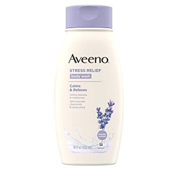 Aveeno Stress Relief Body Wash with Soothing Oat, Lavender, Chamomile & Ylang-Ylang Essential Oils, Hypoallergenic, Dye-Free & Soap-Free Calming Body Wash gentle on Sensitive Skin, 18 fl. oz